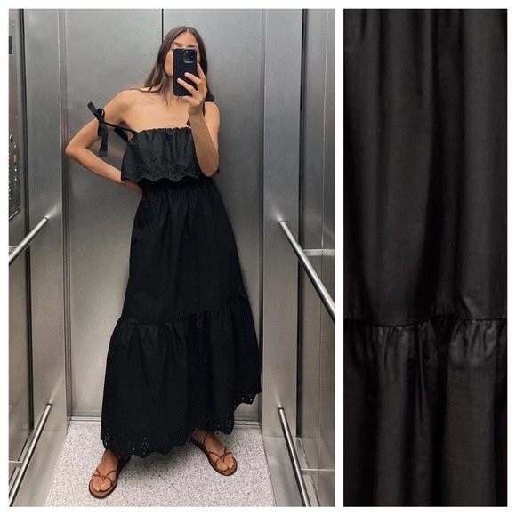 Zara Dresses & Skirts - NWT. Zara Black Cotton Openwork Embroidery Midi Dress. Size M.